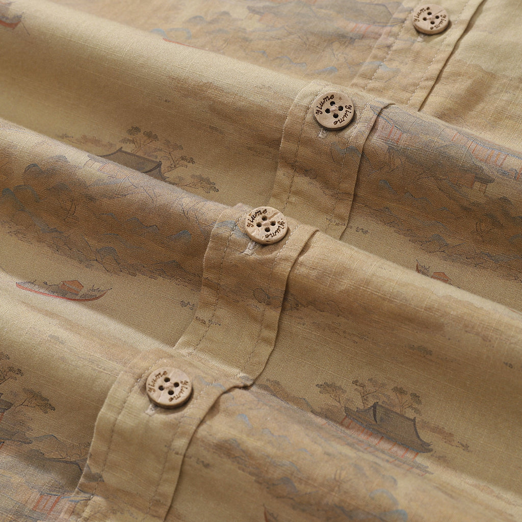 1920s Vintage Men's Hawaiian Shirt Serenity along the Riverbank Cotton Button-down Short Sleeve Aloha Shirt